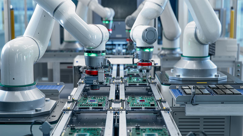 Advanced Manufacturing assembly line robots assemble computer components in a factory