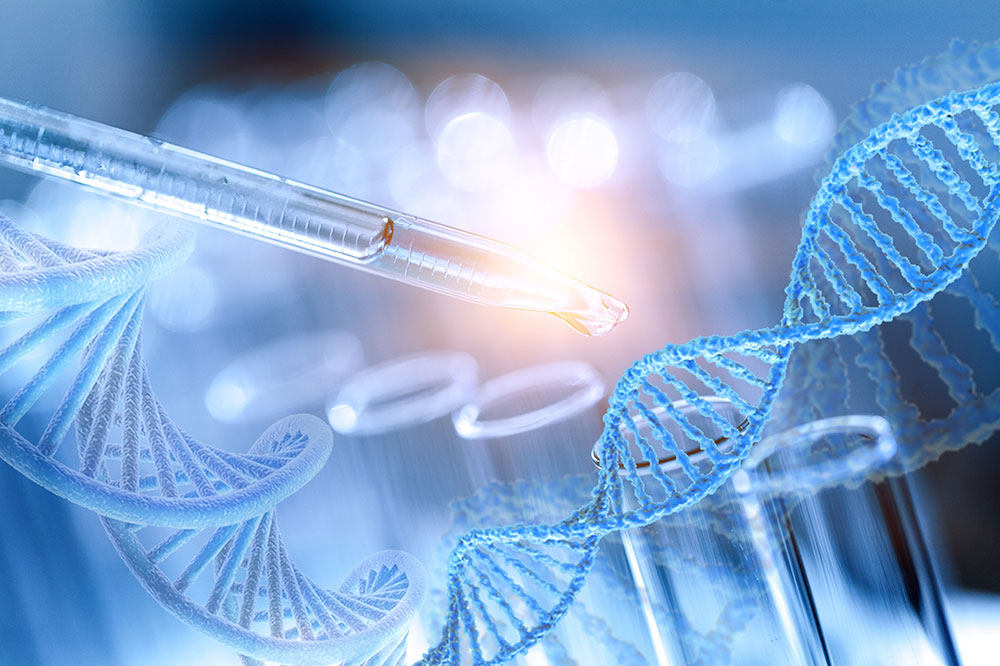Test tubes being filled with a glass pipette and a strand of DNA illustrate Life Sciences and biotechnology