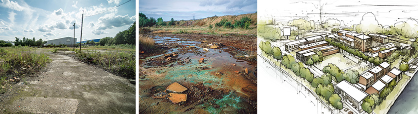 A collage of three images shows two undeveloped brownfield sites and a redevelopment rendering of a multi-use site featuring commercial, residential, and passive recreational uses