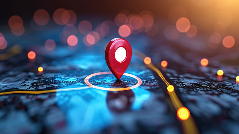 A map of a region features a red pin on a spot circled in yellow