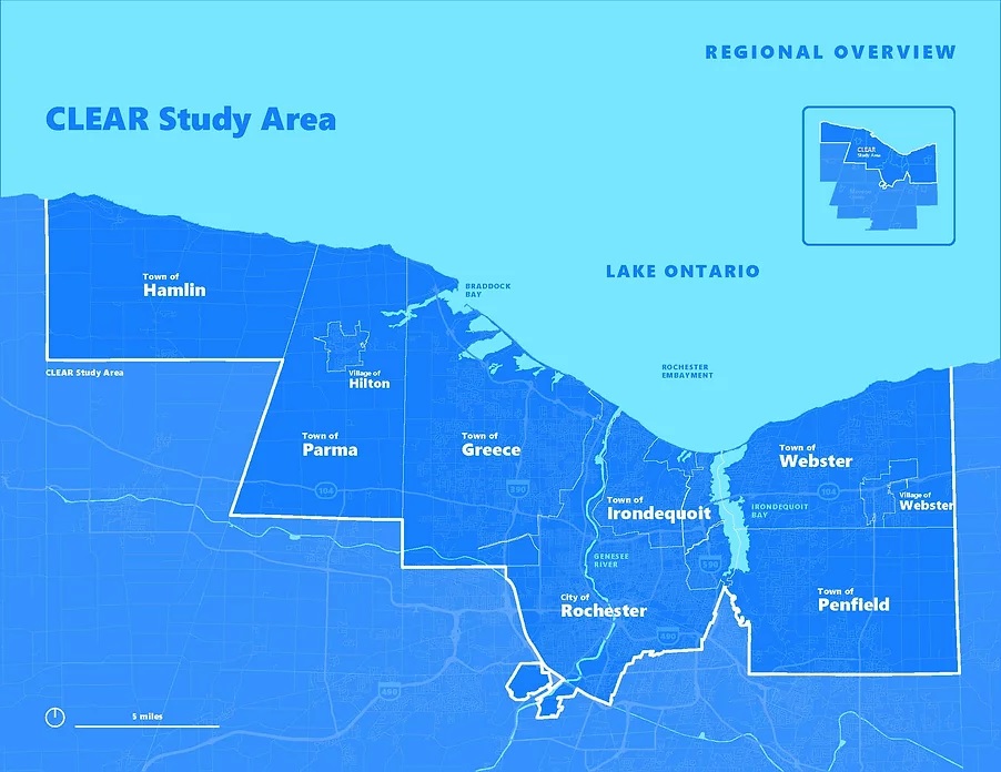 A map of the CLEAR study area shows Lake Ontario and the location of the Towns of Hamlin, Parma, Greece, Rochester, Irondequoit, Webster, and Penfield, and the Villages of Hilton and Webster along its shoreline.