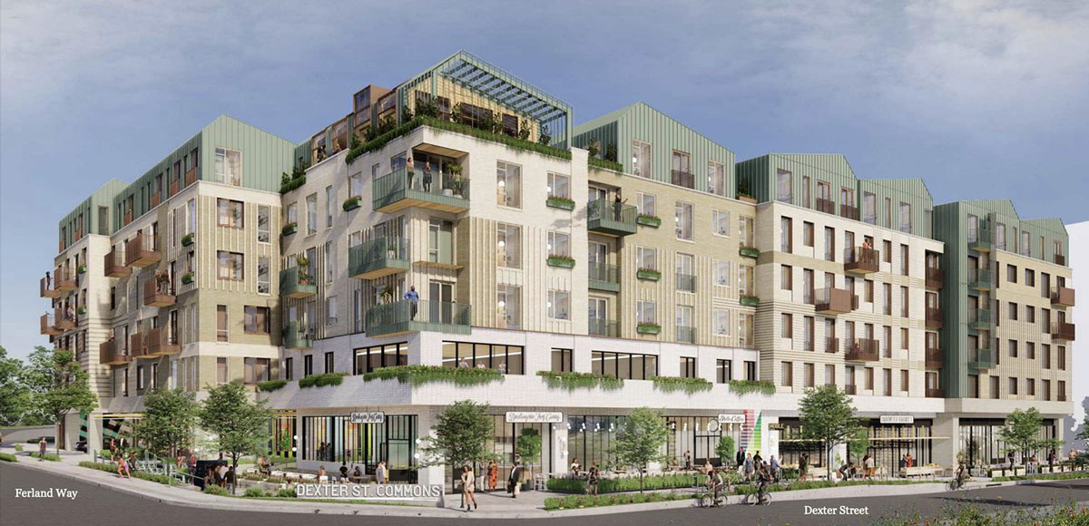 Artist's rendering of the proposed Dexter Street Commons development, a mixed-use project with 150 residential apartments and ground-floor commercial spaces.