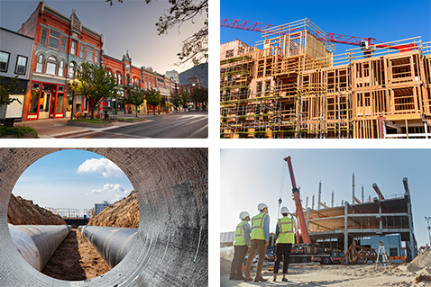 A collage of four photos show different ways DIF and TIF funding can be spent and include a historic downtown Main Street, an apartment building under construction, large water or sewer pipes, and a commercial building under construction