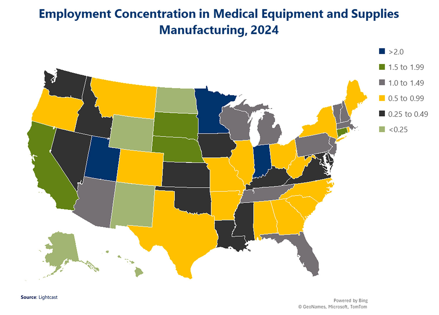 Employment Concentration in Medical Equipment and Supplies Manufacturing, 2024 Data Source: Lightcast Alabama: 0.5 to 0.99 Alaska: Less than 0.25 Arizona: 1.0 to 1.49 Arkansas: 0.5 to 0.99 California: 1.5 to 1.99 Colorado: 0.5 to 0.99 Connecticut: 1.5 to 1.99 Delaware: 0.25 to 0.49 Florida: 1.0 to 1.49 Georgia: 0.5 to 0.99 Hawaii: Less than 0.25 Idaho: 0.25 to 0.49 Illinois: 0.5 to 0.99 Indiana: More than 2.0 Iowa: 0.25 to 0.49 Kansas: 0.25 to 0.49 Kentucky: 0.25 to 0.49 Louisiana: 0.25 to 0.49 Maine: 0.5 to 0.99 Maryland: 0.25 to 0.49 Massachusetts: 1.0 to 1.49 Michigan: 1.0 to 1.49 Minnesota: More than 2.0 Mississippi: 0.25 to 0.49 Missouri: 0.5 to 0.99 Montana: 0.5 to 0.99 Nebraska: 1.5 to 1.99 Nevada: 0.25 to 0.49 New Hampshire: 1.0 to 1.49 New Jersey: 1.0 to 1.49 New Mexico: Less than 0.25 New York: 0.5 to 0.99 North Carolina: 0.5 to 0.99 North Dakota: 0.5 to 0.99 Ohio: 0.5 to 0.99 Oklahoma: 0.25 to 0.49 Oregon: 0.5 to 0.99 Pennsylvania: 0.5 to 0.99 Rhode Island: 0.5 to 0.99 South Carolina: 0.5 to 0.99 South Dakota: 1.5 to 1.99 Tennessee: 1.0 to 1.49 Texas: 0.5 to 0.99 Utah: More than 2.0 Vermont: 1.0 to 1.49 Virginia: 0.25 to 0.49 Washington: 0.25 to 0.49 West Virginia: 0.5 to 0.99 Wisconsin: 1.0 to 1.49 Wyoming: Less than 0.25