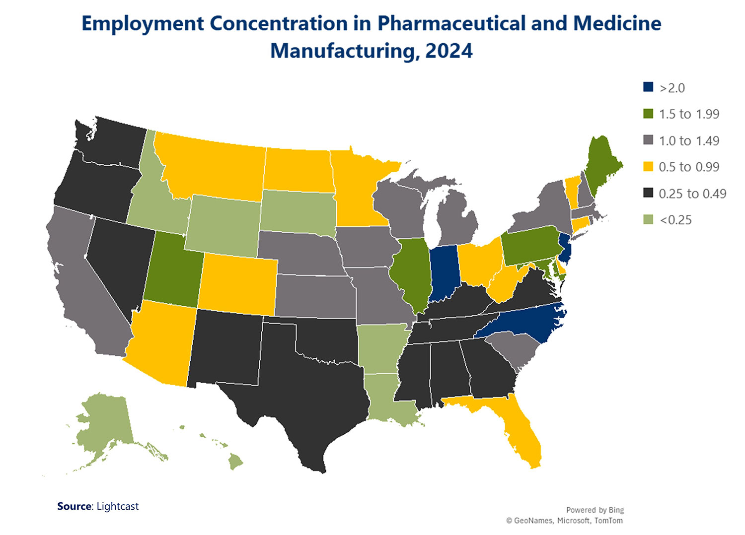 Employment Concentration in Pharmaceutical and Medicine Manufacturing, 2024 Data Source: Lightcast Alabama: 0.25 to 0.49 Alaska: Less than 0.25 Arizona: 0.5 to 0.99 Arkansas: Less than 0.25 California: 1.0 to 1.49 Colorado: 0.5 to 0.99 Connecticut: 0.5 to 0.99 Delaware: 0.5 to 0.99 Florida: 0.5 to 0.99 Georgia: 0.25 to 0.49 Hawaii: Less than 0.25 Idaho: Less than 0.25 Illinois: 1.5 to 1.99 Indiana: More than 2.0 Iowa: 1.0 to 1.49 Kansas: 1.0 to 1.49 Kentucky: 0.25 to 0.49 Louisiana: Less than 0.25 Maine: 1.5 to 1.99 Maryland: 1.5 to 1.99 Massachusetts: 1.0 to 1.49 Michigan: 1.0 to 1.49 Minnesota: 0.5 to 0.99 Mississippi: 0.25 to 0.49 Missouri: 1.0 to 1.49 Montana: 0.5 to 0.99 Nebraska: 1.0 to 1.49 Nevada: 0.25 to 0.49 New Hampshire: 1.0 to 1.49 New Jersey: More than 2.0 New Mexico: 0.25 to 0.49 New York: 1.0 to 1.49 North Carolina: More than 2.0 North Dakota: 0.5 to 0.99 Ohio: 0.5 to 0.99 Oklahoma: 0.25 to 0.49 Oregon: 0.25 to 0.49 Pennsylvania: 1.5 to 1.99 Rhode Island: 1.0 to 1.49 South Carolina: 1.0 to 1.49 South Dakota: Less than 0.25 Tennessee: 0.25 to 0.49 Texas: 0.25 to 0.49 Utah: 1.5 to 1.99 Vermont: 0.5 to 0.99 Virginia: 0.25 to 0.49 Washington: 0.25 to 0.49 West Virginia: 0.5 to 0.99 Wisconsin: 1.0 to 1.49 Wyoming: Less than 0.25