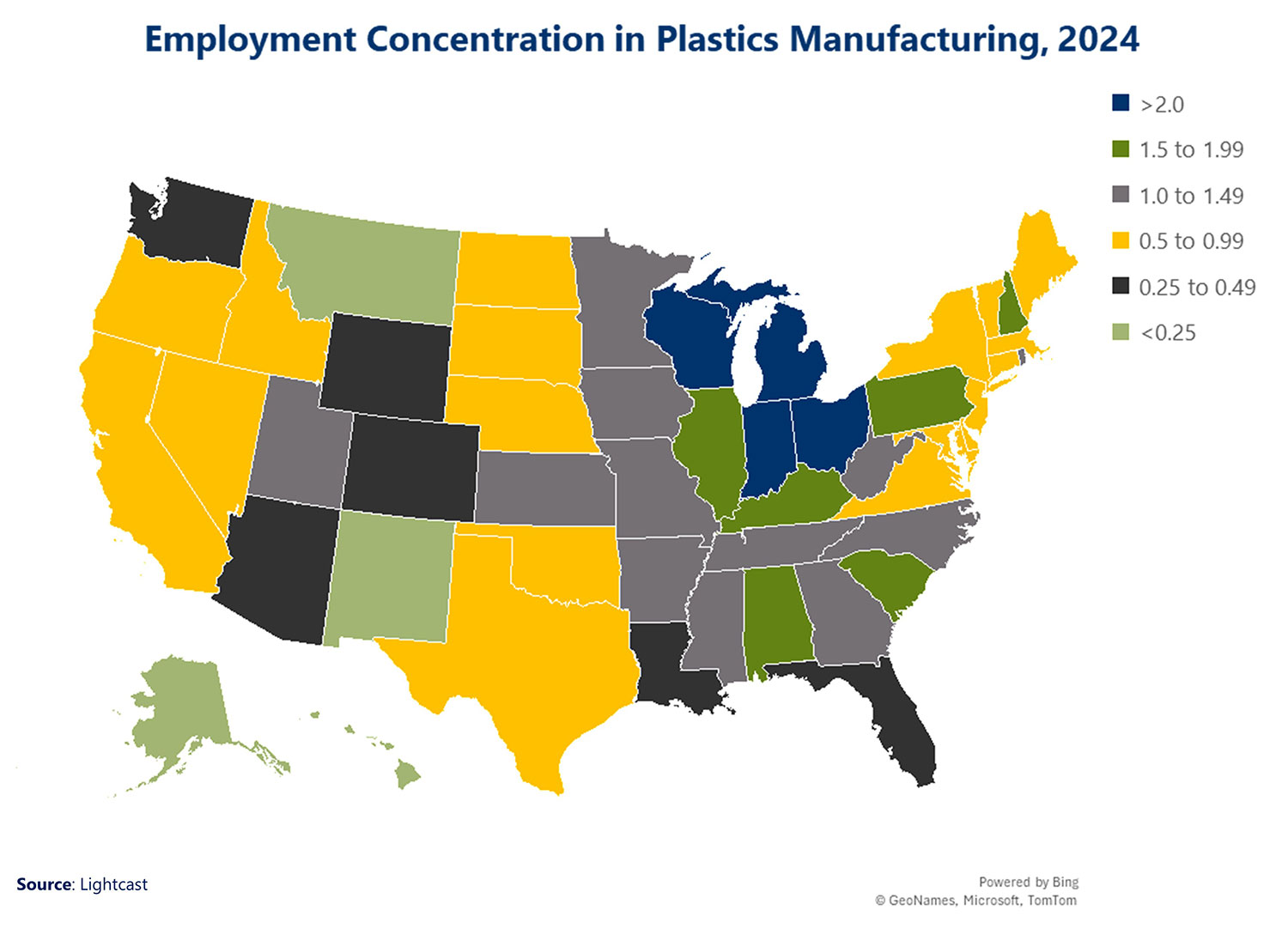 Employment Concentration in Plastics Manufacturing, 2024 Data Source: Lightcast Alabama: 1.0 to 1.49 Alaska: Less than 0.25 Arizona: 0.25 to 0.49 Arkansas: 1.0 to 1.49 California: 0.5 to 0.99 Colorado: 0.25 to 0.49 Connecticut: 0.5 to 0.99 Delaware: 1.0 to 1.49 Florida: 0.25 to 0.49 Georgia: 1.0 to 1.49 Hawaii: Less than 0.25 Idaho: 0.5 to 0.99 Illinois: 1.5 to 1.99 Indiana: More than 2.0 Iowa: 1.0 to 1.49 Kansas: 1.0 to 1.49 Kentucky: 1.5 to 1.99 Louisiana: 0.25 to 0.49 Maine: 0.5 to 0.99 Maryland: 0.5 to 0.99 Massachusetts: 0.5 to 0.99 Michigan: More than 2.0 Minnesota: 1.0 to 1.49 Mississippi: 1.0 to 1.49 Missouri: 1.0 to 1.49 Montana: Less than 0.25 Nebraska: 0.5 to 0.99 Nevada: 0.5 to 0.99 New Hampshire: 1.5 to 1.99 New Jersey: 0.5 to 0.99 New Mexico: Less than 0.25 New York: 0.5 to 0.99 North Carolina: 1.0 to 1.49 North Dakota: 0.5 to 0.99 Ohio: More than 2.0 Oklahoma: 0.5 to 0.99 Oregon: 0.5 to 0.99 Pennsylvania: 1.5 to 1.99 Rhode Island: 1.0 to 1.49 South Carolina: 1.5 to 1.99 South Dakota: 0.5 to 0.99 Tennessee: 1.0 to 1.49 Texas: 1.0 to 1.49 Utah: 1.0 to 1.49 Vermont: 1.0 to 1.49 Virginia1.0 to 1.49 Washington: 0.25 to 0.49 West Virginia: 1.0 to 1.49 Wisconsin: More than 2.0 Wyoming: 0.25 to 0.49