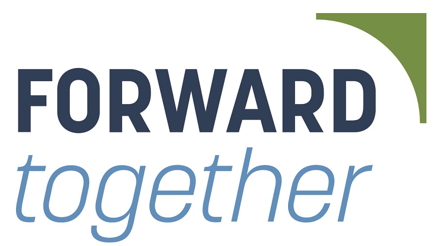 The blue and green "Forward Together" logotype developed for the cover of the economic resiliency plan.