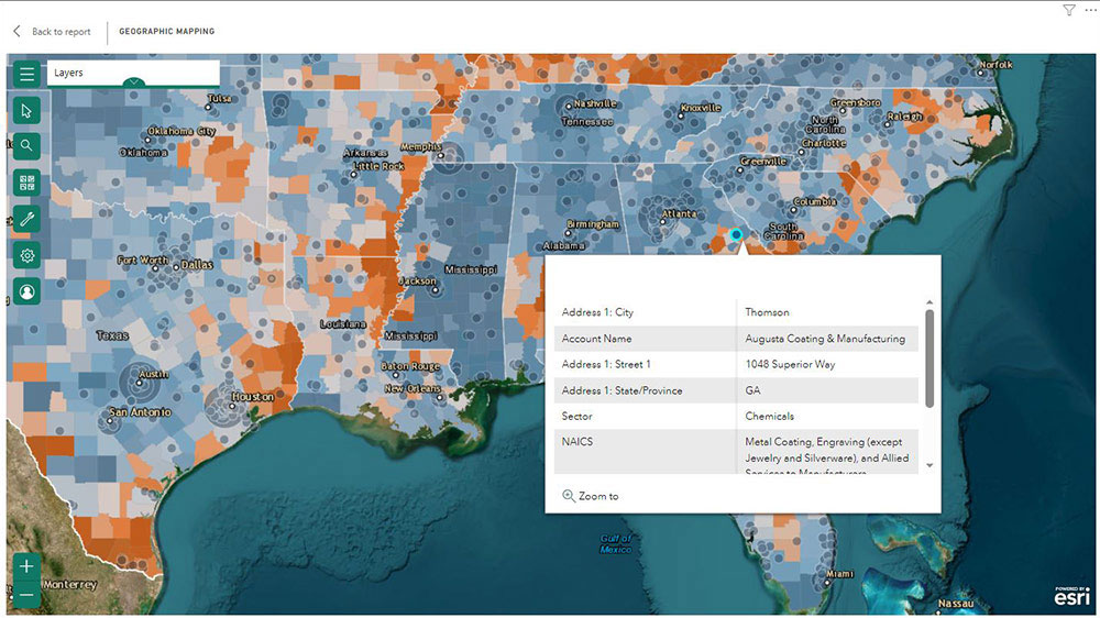 View information about a particular company simply by hovering over or clicking on that company inside the map to see their industry, NAICS code, address, number of employees, revenue, etc. The size of the symbol representing the company is generated based on the size of the company in terms of revenue and number of employees.&nbsp;