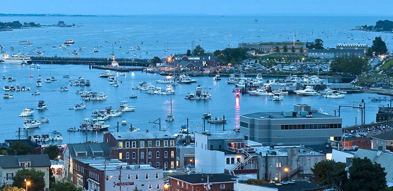 Elevated view of the town of Groton, Connecticult, and its waterfront