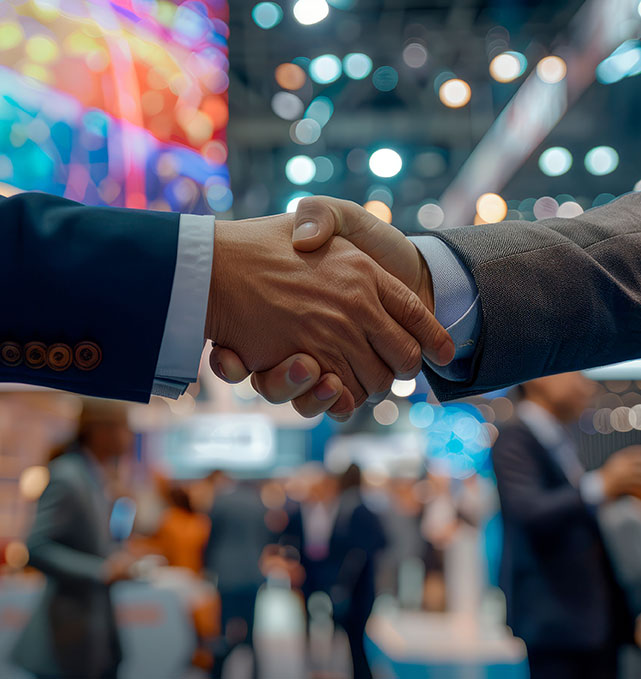 Two people in suits shake hands at a busy trade show