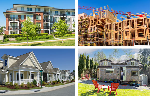 A collage of four images show a four story apartment building, an apartment building under construction, a row of smaller-sized single family houses, and a tiny home.
