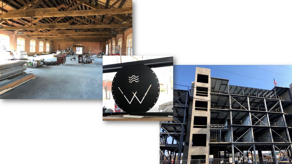 Three photos show the interior of The Wire event space while it was under construction, a metal sign with The Wire's logo, and construction of the adjacent hotel that opened next door.