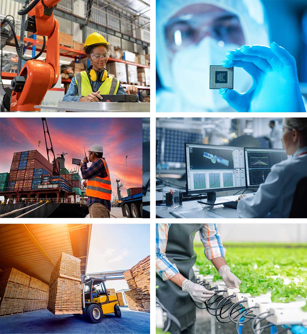 Photos of a variety of different industry types, including automated manufacturing, semiconductors, shipping, aerospace, forestry and wood products, and agriculture, help illustrate the breadth of Camoin Associates' industry analytics and strategy services