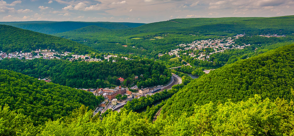 View of the small towns of Lehighton and Weissport from the top of Flagstaff Mountain in Pennsylvania's Lehigh Valley