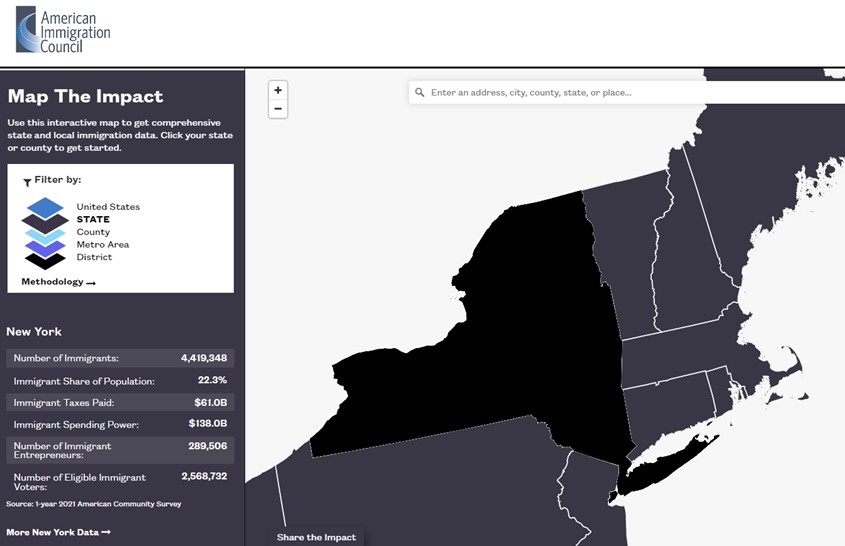 Map-New-York | Camoin Associates Map the Impact screen shot showing statewide data about immigrants for New York