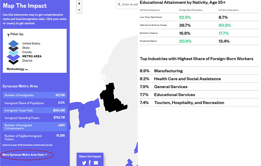 Map-Syracuse | Camoin Associates Map the Impact screenshot showing data about immigrants in the City of Syracuse, New York
