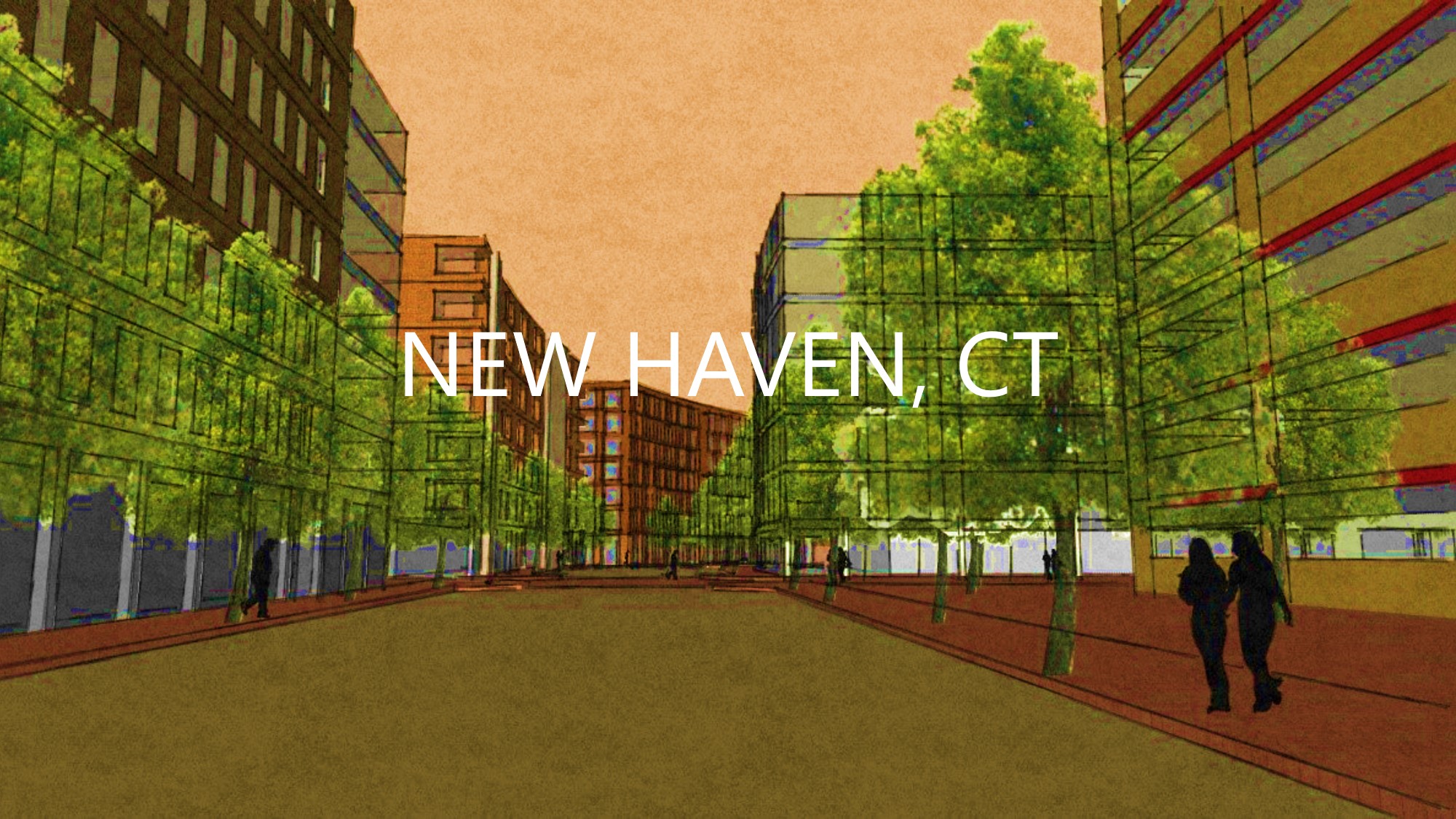 An artist's rendering of proposed transportation and streetscaping changes to Meadow Street in the Hill-to-Downtown district of New Haven, CT