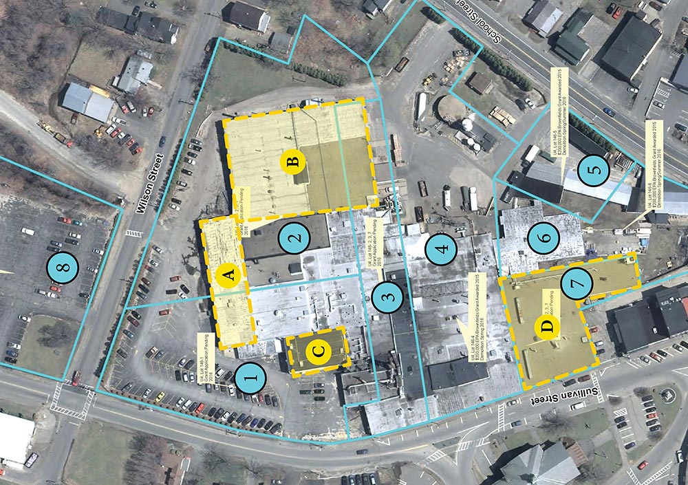 An aerial site map of the Prime Tanning industrial facility in Berwick, Maine, with buildings targeted for reuse highlighted in yellow