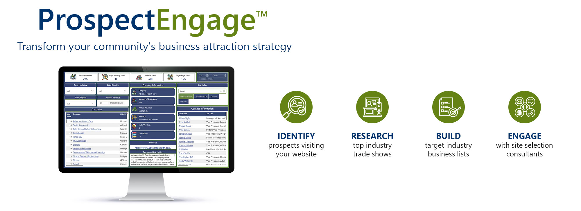 A computer screen shows a typical ProspectEngage landing page with the ProspectEngage logo above it. The text reads: Transform your community's business attraction strategy with ProspectEngage. Identify prospects visiting your website, Research top industry trade shows, build target industry business lists, and engage with site selection consultants.