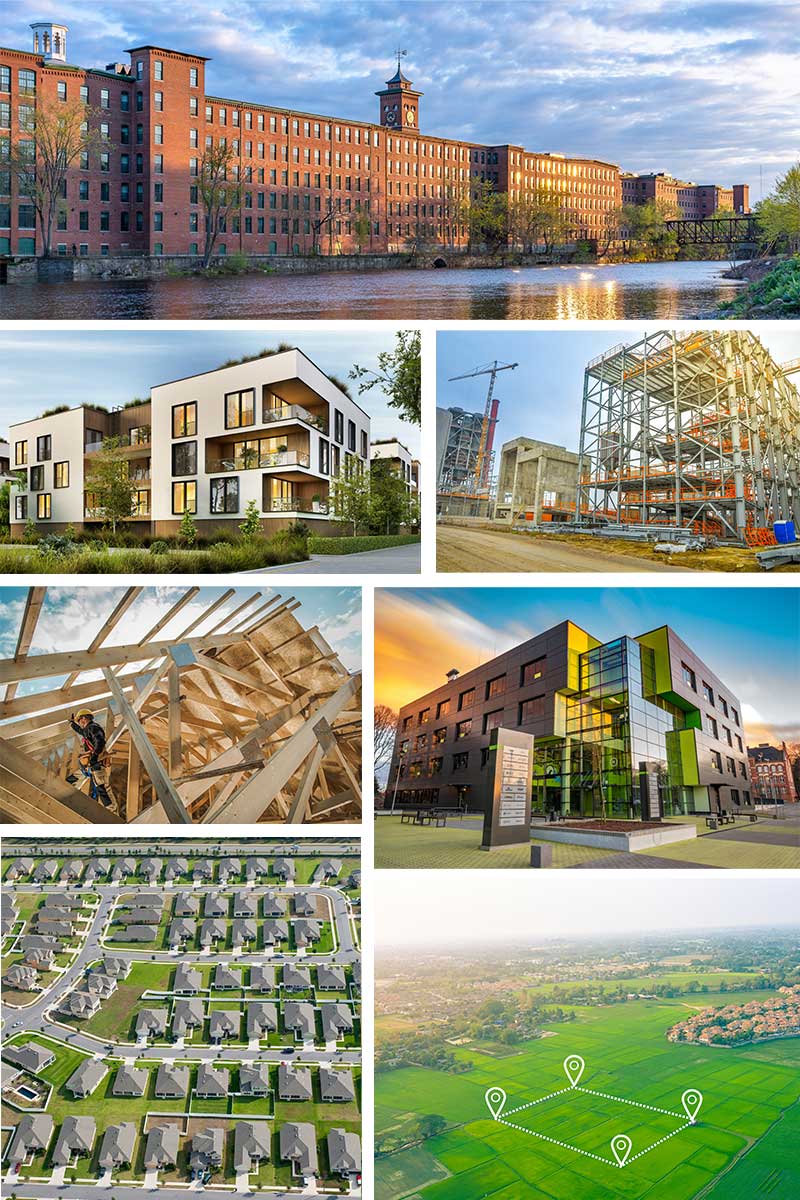 A collage of seven photos show different types of commercial, residential, and mixed use real estate development projects