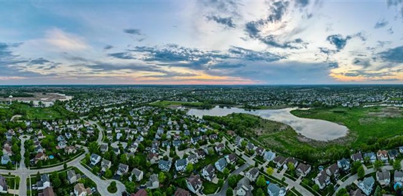 Aerial view of the City of Woodstock, Illinois in McHenry County