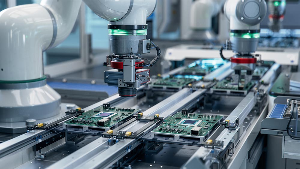 Robotic arms install semiconductor components into a green circuit board in an electronics manufacturing factory