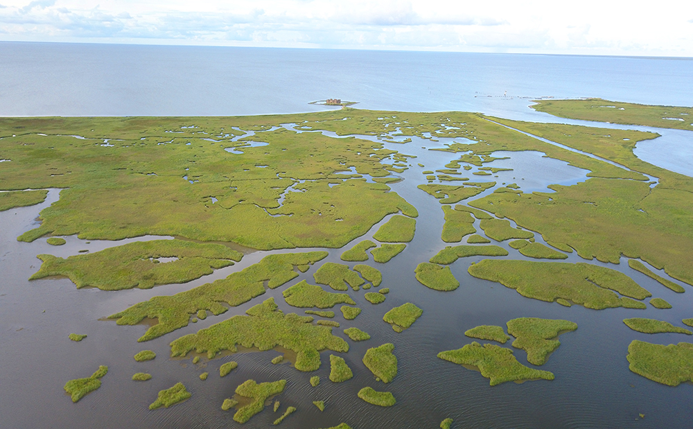 Aerial photo of Shell Beach area in Louisiana shows an estuary with many small green islands and Lake Borgne extending out to the horizon