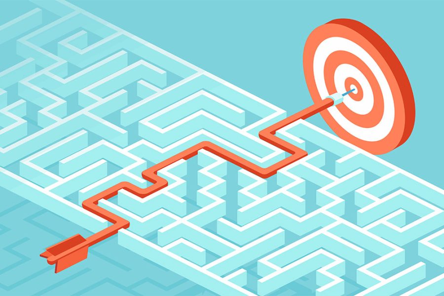 A red arrow runs through a complex maze to eventually end up at a red and white target