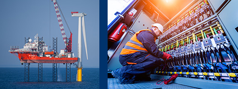 A photo of an offshore wind turbine being constructed from a floating platform and an electrician kneeling in front of a large cabinet of wires