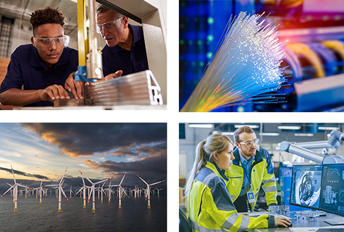 A collage of four photos representing workforce development and talent retention show a trade apprentice and his instructor, a bundle of fiber optic broadband fibers, a group of offshore wind turbines, and a couple of engineers calibrating a piece of machinery using a desktop computer