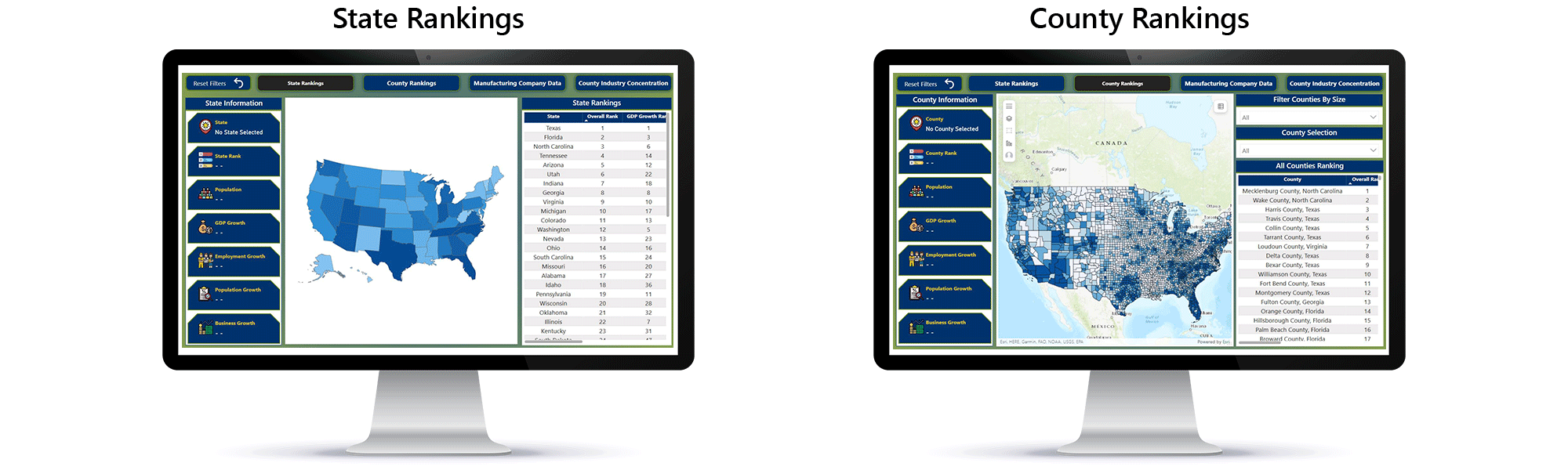 Two computer screen show ProspectEngage's new state rankings dashboard and county rankings dashboard