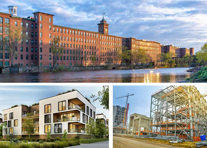 A collage of three photos show different types of commercial, residential, and mixed use real estate development projects